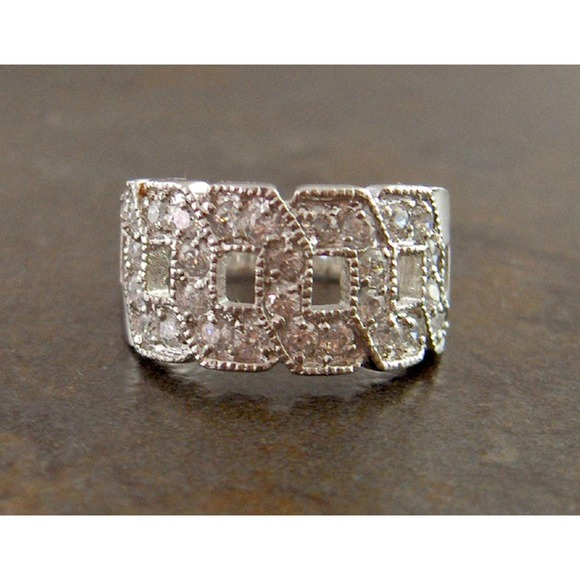 Sterling Silver CZ Wide Band Ring Size 7 Geometric Pave - Picture 2 of 5